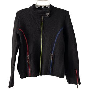 South Wool Black Art Deco Full Zip Button Pure Virgin Wool Pockets Jacket Size M